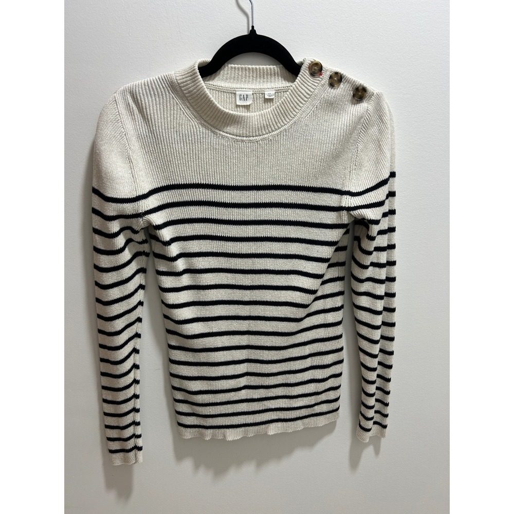 Gap Womens‎ Cream Navy Blue Striped Button Shoulder Ribbed Knit Sweater Small